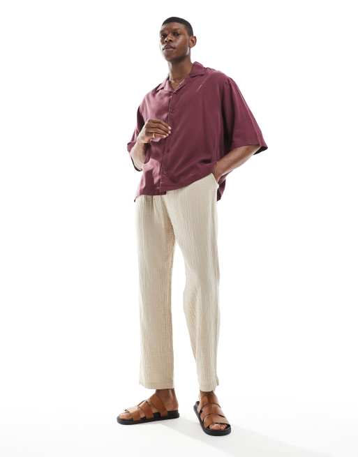 ASOS DESIGN boxy premium oversized camp collar shirt with half sleeves in burgundy
