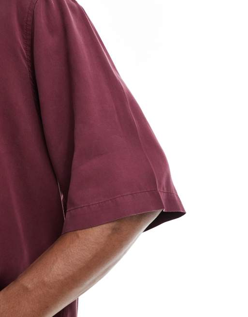 ASOS DESIGN boxy premium oversized camp collar shirt with half sleeves in burgundy