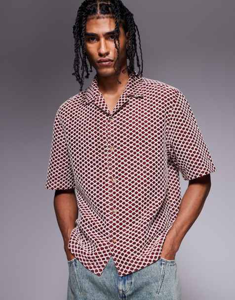 ASOS DESIGN boxy premium textured regular shirt in red and white - view 1