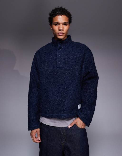 ASOS DESIGN boxy quarter zip funnel neck borg sweatshirt with workwear badge in navy