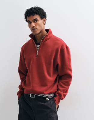 Asos Design Boxy Quarter-zip Sweatshirt In Red
