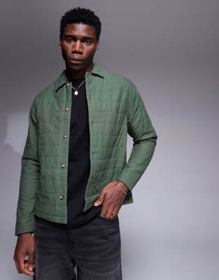 boxy quilted overshirt with camp collar in green