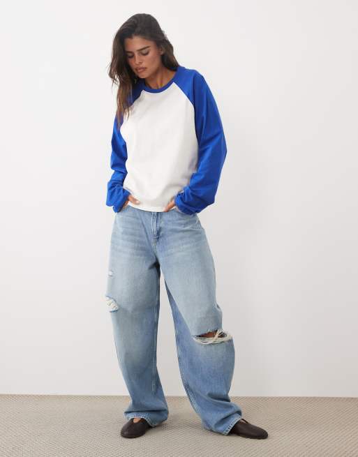 ASOS DESIGN boxy raglan met contrasterende mouwen in blauw en crème, 2 van 4