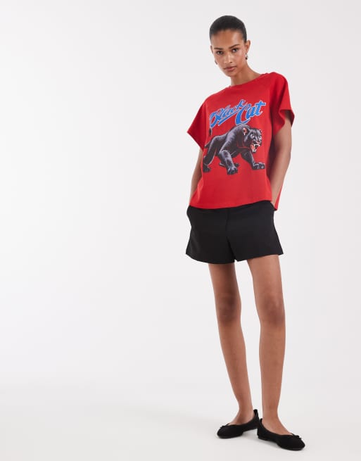 ASOS DESIGN boxy raglan T-shirt with black cat graphic in red, 3 of 4