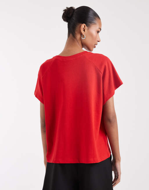 ASOS DESIGN boxy raglan T-shirt with black cat graphic in red, 4 of 4