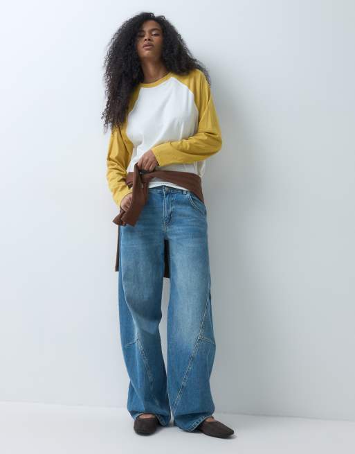 ASOS DESIGN boxy raglan with contrast sleeves in mustard, 2 of 5