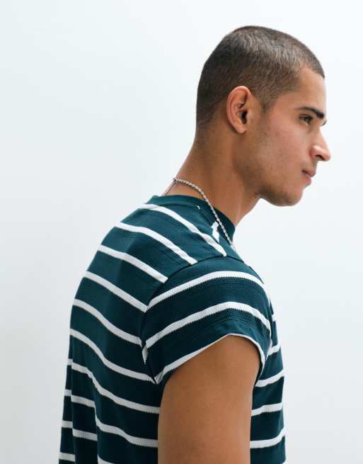 ASOS DESIGN boxy regular cap sleeve t-shirt in green stripe, 2 of 5