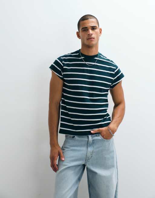 ASOS DESIGN boxy regular cap sleeve t-shirt in green stripe, 5 of 5