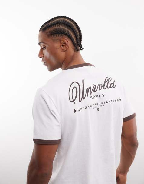 ASOS DESIGN boxy regular fit ringer t-shirt with text graphic in white