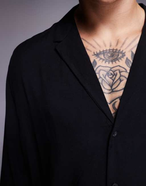 ASOS DESIGN boxy regular fit shirt with low camp collar in black, 5 of 5