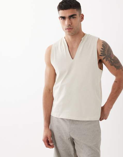 ASOS DESIGN boxy regular fit tank with v-neck in beige - view 1