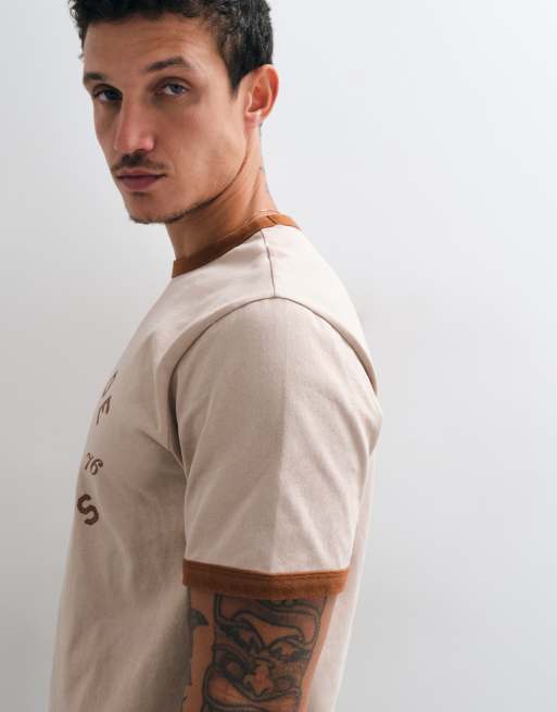 ASOS DESIGN boxy regular ringer t-shirt in washed beige, 3 of 5