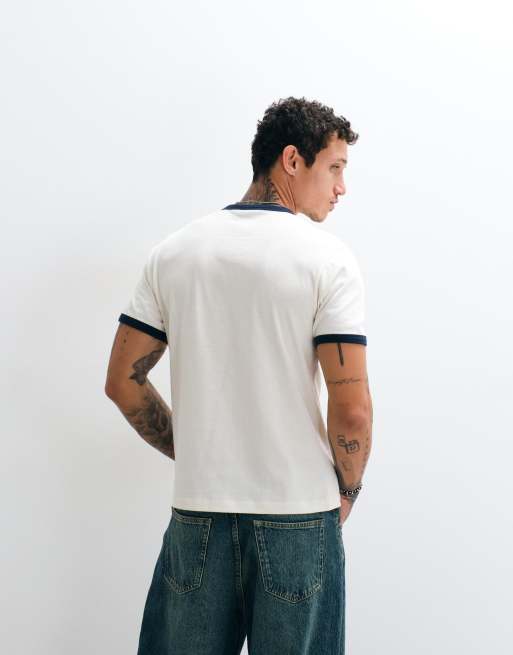 ASOS DESIGN boxy regular ringer t-shirt with sports slogan graphic in cream, 3 of 5