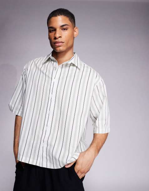 ASOS DESIGN boxy regular shirt in white and green stripe - view 1