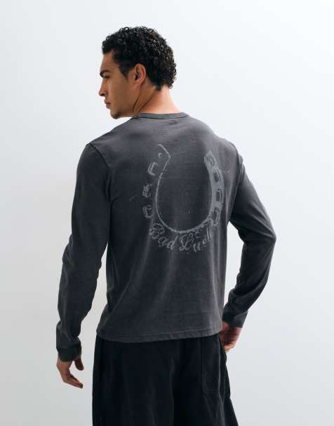 ASOS DESIGN boxy regular washed long sleeve top with horseshoe print in charcoal - view 1