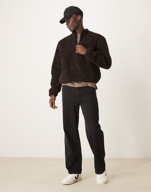 ASOS DESIGN boxy oversized half zip borg sweatshirt in brown