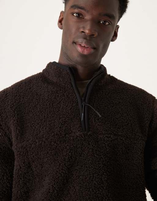 ASOS DESIGN boxy oversized half zip borg sweatshirt in brown