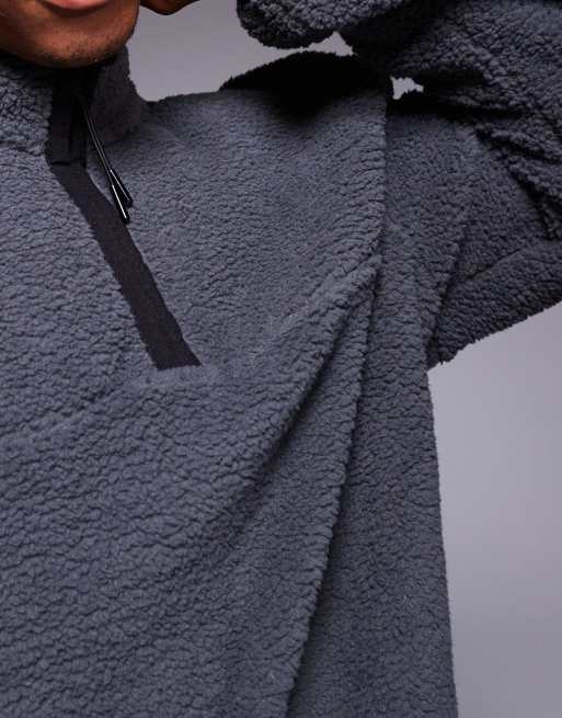 ASOS DESIGN boxy oversized half zip borg sweatshirt in washed black