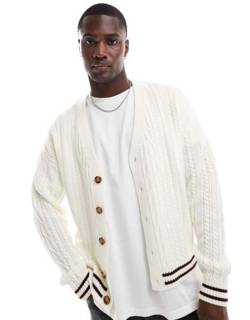 ASOS DESIGN boxy relaxed cable knit cardigan in cream with burgundy tipping ASOS