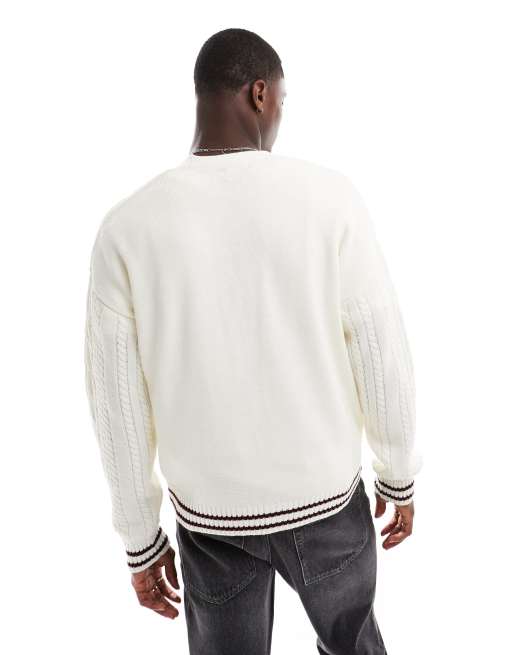 ASOS DESIGN boxy relaxed cable knitted cardigan in cream with burgundy tipping, 4 of 4