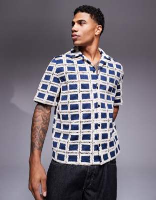 Asos Design Boxy Relaxed Camp Collar Crochet Shirt In Navy