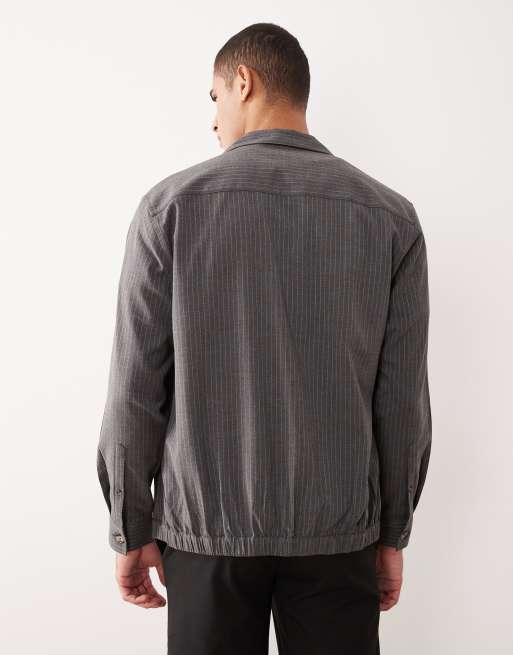 ASOS DESIGN boxy relaxed camp collar shirt in gray pinstripe, 3 of 5