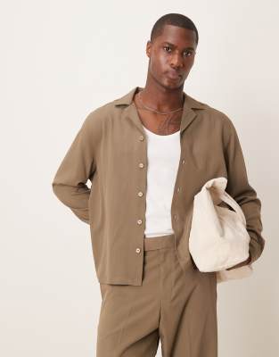 Asos Design Boxy Relaxed Camp Collar Shirt In Neutral