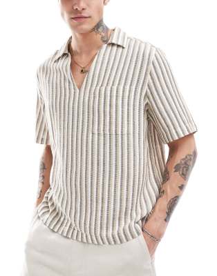 Asos Design Boxy Relaxed Camp Collar Shirt In Neutral Basket Stripe-brown