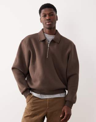 Asos Design Boxy Relaxed Collared Sweatshirt In Brown