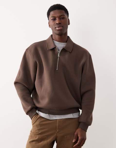 ASOS DESIGN boxy relaxed collared sweatshirt in brown - view 1