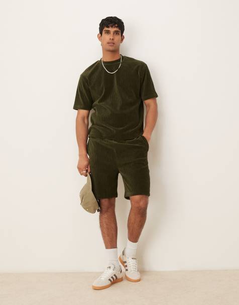 ASOS DESIGN boxy relaxed dark green ribbed velour co-ord - view 1