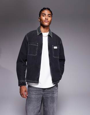 Asos Design Boxy Relaxed Denim Shirt With Chest Badge In Black