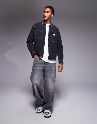 Asos Design Boxy Relaxed Denim Shirt With Chest Badge In Black
