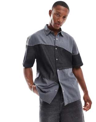 boxy relaxed denim shirt with contrast paneling in black-Blue