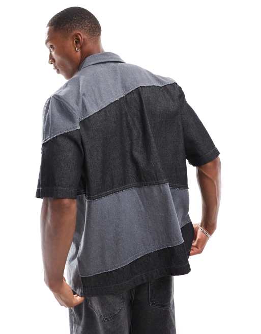 ASOS DESIGN boxy relaxed denim shirt with contrast panelling in black ASOS