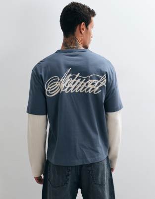 Asos Design Boxy Relaxed Double Layer Henley T-shirt With Script Graphic In Blue