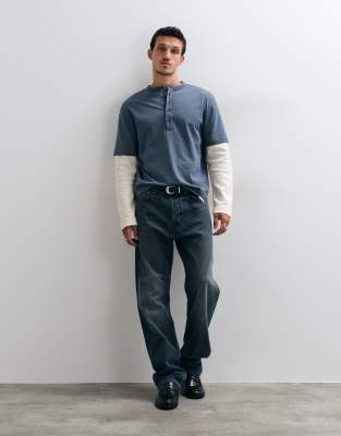 Asos Design Boxy Relaxed Double Layer Henley T-shirt With Script Graphic In Blue