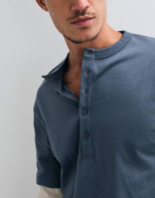 ASOS DESIGN boxy relaxed double layer Henley T-shirt with script graphic in gray, 3 of 5