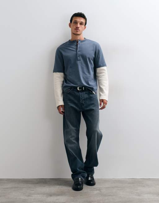 ASOS DESIGN boxy relaxed double layer henley t-shirt with script graphic in grey, 2 of 5