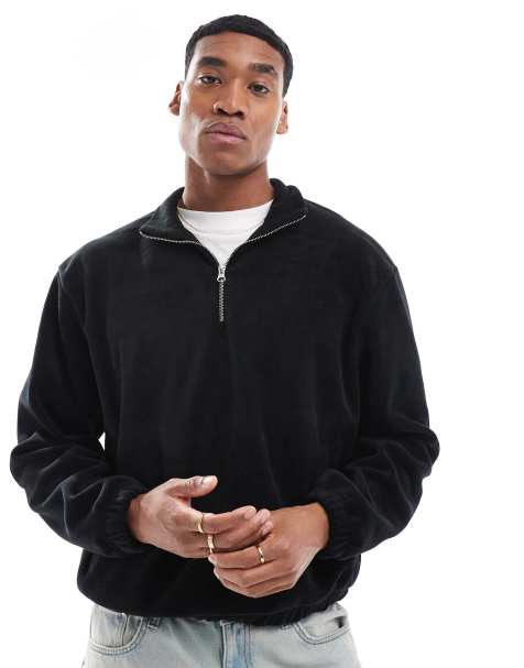 ASOS DESIGN boxy relaxed fleece sweatshirt with quarter zip and elasticated hem in black - BLACK - view 1