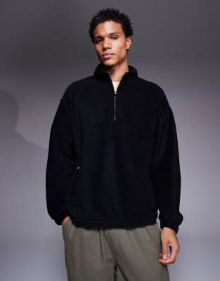 ASOS DESIGN ASOS DESIGN boxy relaxed funnel neck quarter zip fleece sweatshirt in black