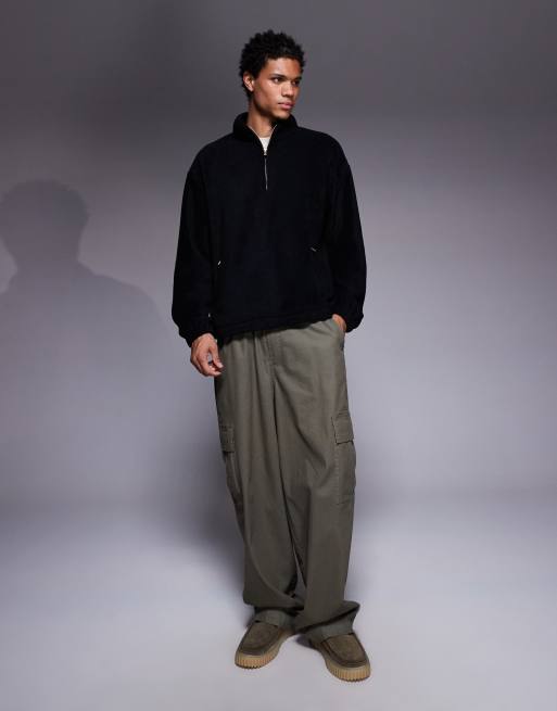 ASOS DESIGN boxy relaxed funnel neck quarter-zip fleece sweatshirt in black, 2 of 5