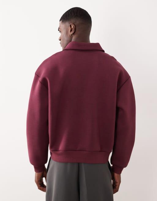 ASOS DESIGN boxy relaxed half zip sweatshirt with collar in burgundy scuba-style fabric, 3 of 5