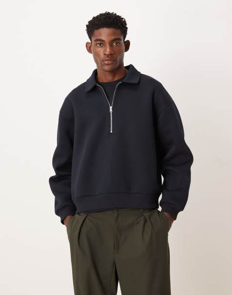 ASOS DESIGN boxy relaxed half-zip sweatshirt with collar in navy in scuba-style fabric - view 1