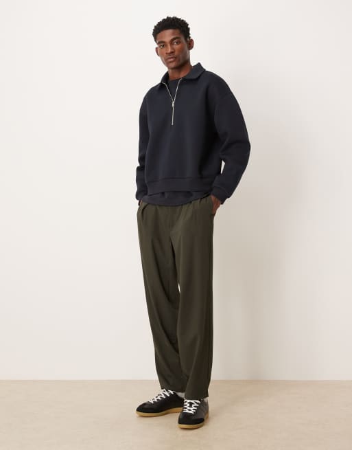 ASOS DESIGN boxy relaxed half zip sweatshirt with collar in navy scuba-style fabric