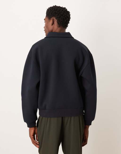 ASOS DESIGN boxy relaxed half zip sweatshirt with collar in navy scuba-style fabric