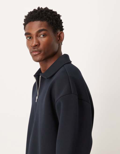 ASOS DESIGN boxy relaxed half zip sweatshirt with collar in navy scuba-style fabric
