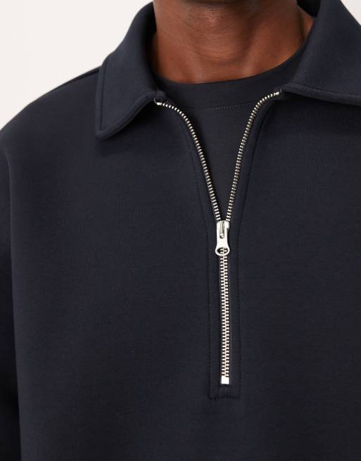 ASOS DESIGN boxy relaxed half zip sweatshirt with collar in scuba-style fabric in navy, 5 of 5