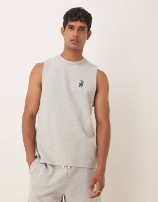 Asos Design Boxy Relaxed Heavyweight Loopback Tank With Embroidery In Gray