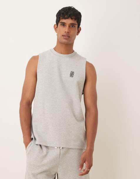 ASOS DESIGN boxy relaxed heavyweight loopback tank with embroidery in gray heather - view 1